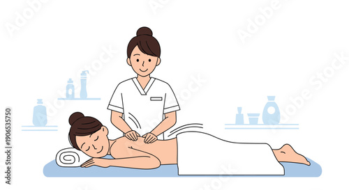 A relaxed woman enjoying a therapeutic back massage from a professional female masseuse in a serene spa or beauty salon setting.