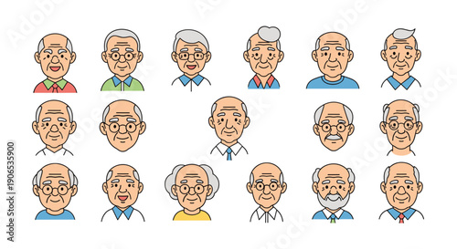 A large and diverse set of cartoon avatar icons featuring the faces of various elderly men with different hairstyles and glasses.