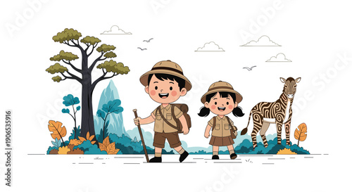 A cute cartoon boy and girl dressed as little explorers hiking on a safari adventure with a friendly zebra in the background.