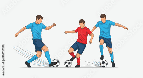 A dynamic vector illustration showing a male soccer player in three different action poses, dribbling and kicking the football.