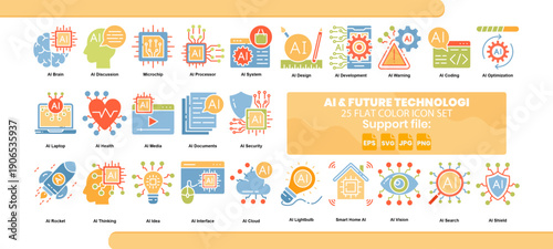 Set of 25 flat icons related to artificial intelligence.
