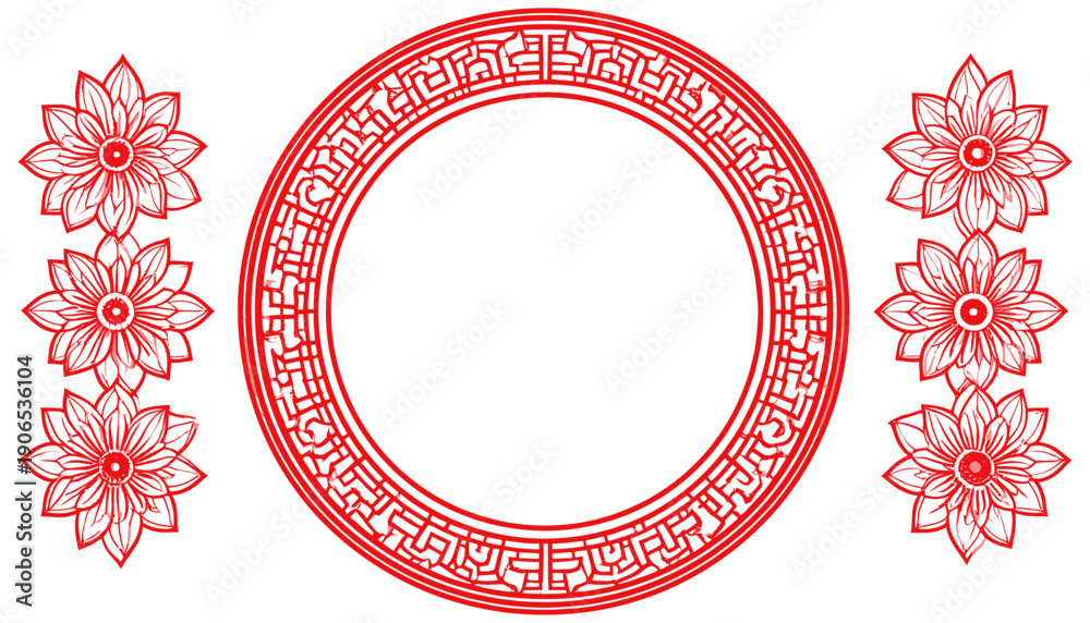 Naklejka premium An ornate red circular frame with floral motifs on a clean background viewed directly
