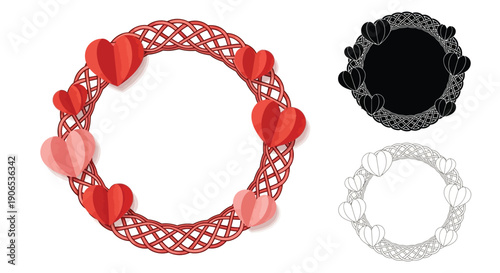 Three circular frames composed of hearts and woven patterns in varying colors