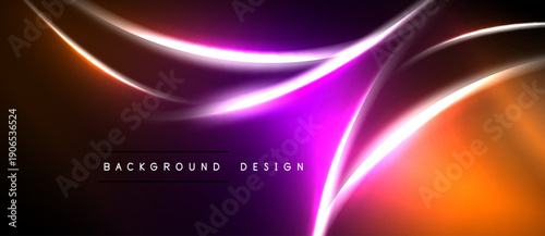 Abstract vibrant lines, flowing shapes. Dark background contrasts bright orange, purple hues. Modern design element.