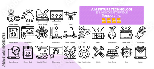 Set of 25 line icons related to artificial intelligence and future technology.