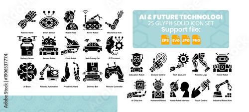Set of 25 solid icon related to artificial intelligence and future technology.