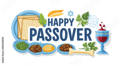 A festive illustration displays various traditional Passover foods including matzah, charoset, maror, and a wine goblet, surrounding the bold text HAPPY PASSOVER on a white background.