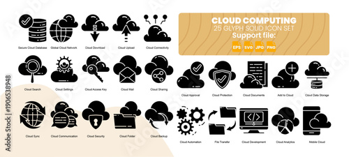 Set of 25 solid icon related to cloud computing.