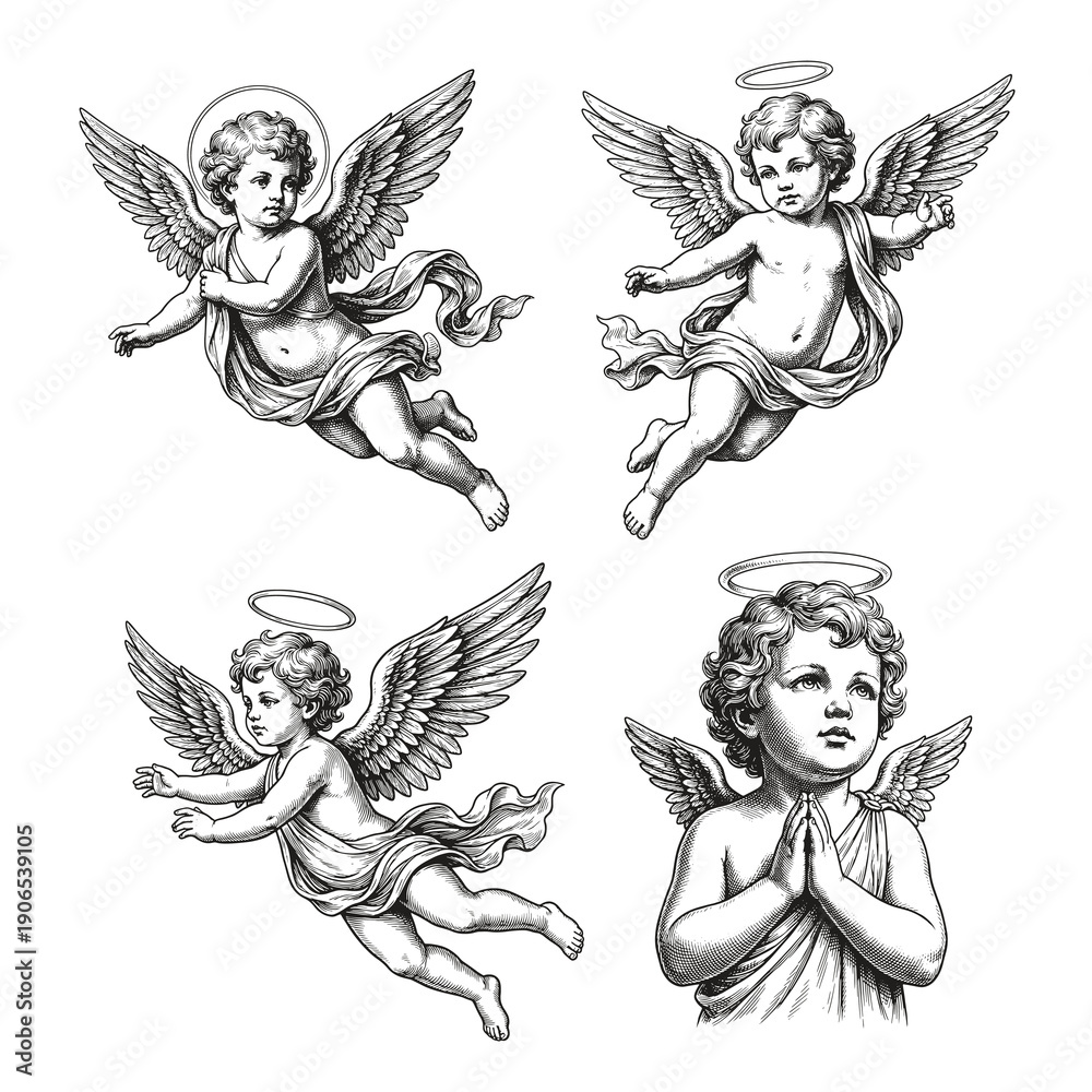 Fototapeta premium Set of Vintage Cupids Vector Illustrations