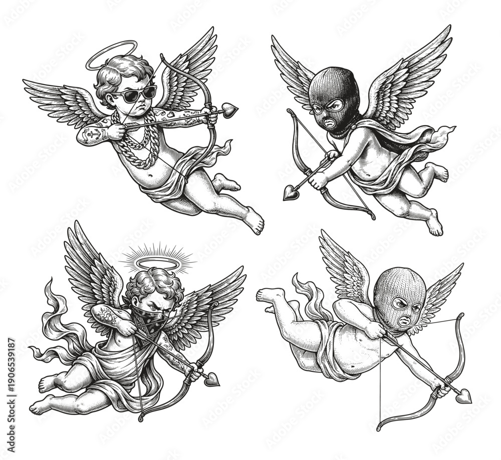 Fototapeta premium Stylized Vintage Cupids Vector Illustrations