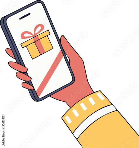 Hand holding smartphone with gift icon on screen, isolated on transparent background