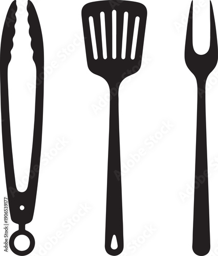 Black silhouette kitchen utensils on white background also transparent background spatula fork