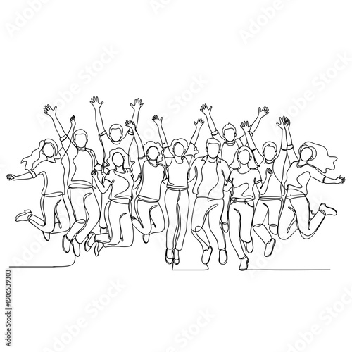 Single continuous line illustration of happy men and women jumping together, expressive body gestures, modern minimal line art style, isolated on white background