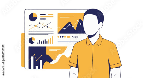 Flat vector illustration of a person analyzing fintech metrics