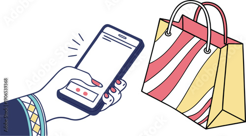 Mobile shopping illustration with hand holding phone and colorful shopping bag