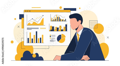 Flat vector illustration of a person analyzing data charts on a large digital screen.