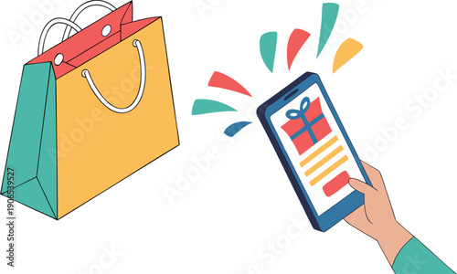 E-commerce shopping icon with mobile phone and gift, online shopping concept.
