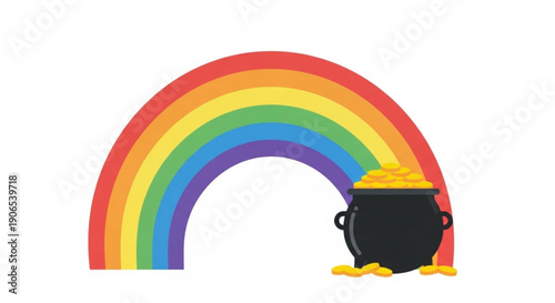 Colorful rainbow with pot of gold coins at the end symbolizing luck and wealth in a whimsical illustration