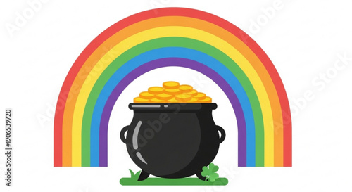 Black cauldron filled with gold coins under a vibrant rainbow with shamrocks on green grass symbolizing good luck and fortune