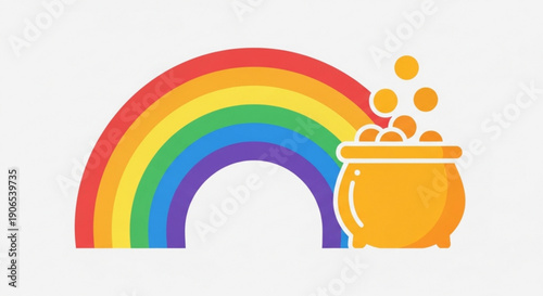 Colorful rainbow with pot of gold coins on white background symbolizing good fortune and luck