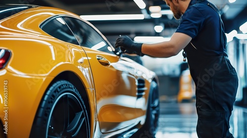 Auto detailing expert polishing a luxury car, reflections on a glossy surface, high-end service