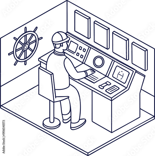 Isometric illustration of a worker operating industrial control panel