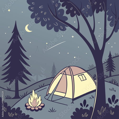 Camping scene with tent, campfire, and trees under starry night sky