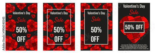 Patchwork Valentine Sale poster set. Hand made vector red heart with business Discount message. Perfect Valentine's Day Sale flyer card collection