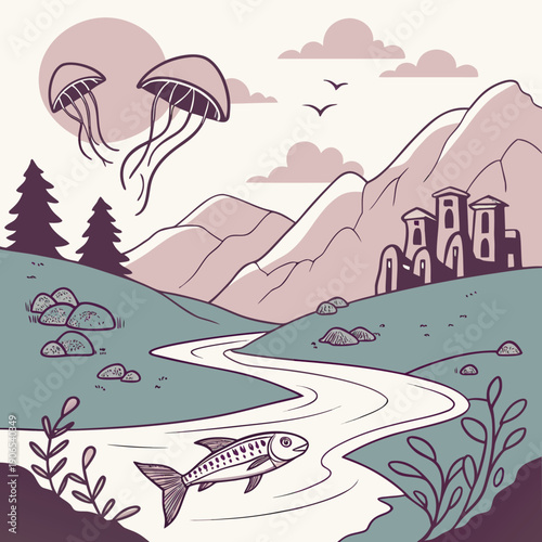 Serene landscape with jellyfish floating above a winding river and majestic mountains
