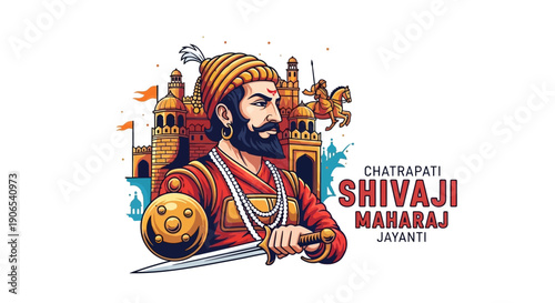 Illustration of Chhatrapati Shivaji Maharaj in traditional Indian attire holding a sword with a castle and flags in the background celebrating Shiv Jayanti and Hindavī Svarājya.
