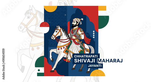 Illustration of Chhatrapati Shivaji Maharaj on horseback, celebrating Shiv Jayanti and Hindavī Svarājya with vibrant colors and nationalistic elements.