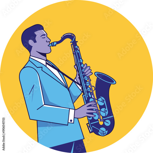 Saxophone player illustration, jazz musician artwork, musical performance design, instrument vector composition, concert symbol, artistic music concept