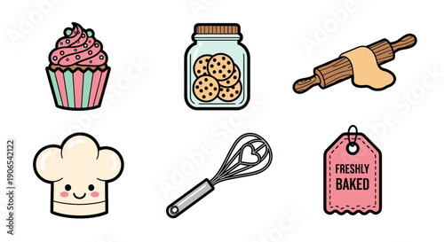 Baking scene with cupcake, cookies in jar, rolling pin, chef hat, whisk, and freshly baked label on a clean white background from a straightforward viewpoint