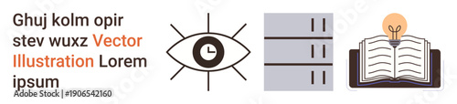 Education, data storage, creativity, knowledge sharing, analytics, libraries. Icons of an open book with a bulb, a server and an eye for vision analytics. Education and data storage concept