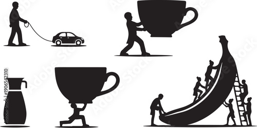 Silhouette illustrations of people and oversized objects in motion