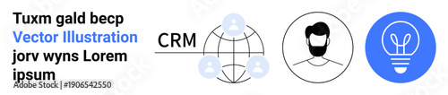 Business solutions, collaboration, customer relationship management, innovation, teamwork, digital connectivity. CRM text with network lines, user profile icon light bulb symbol. Customer