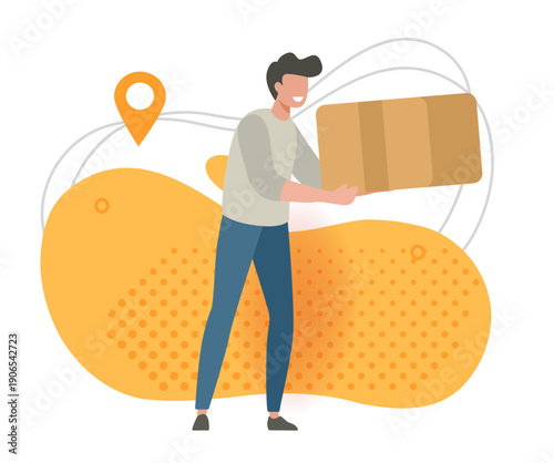 Delivery order man vector, parcel courier person icon, postal mail package shipping modern graphic illustration design, trendy cartoon retail carrier character holding cargo freight box in hand image 