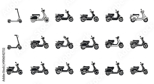 Collection of scooter and electric scooter icons in black and white.