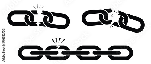 Broken chain vector. Broken link icon. Chain link symbol, Weaknesses icon. Chain vector icon set. Silhouette of chain icon for app, website and logo design. Vector illustration.