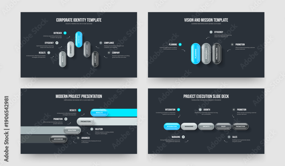 Naklejka premium Project Review Five Three Four Element Infographic Slide Design Vector Illustration Bundle. Product Planning 5 3 4 Option Diagram Frame Template Set.