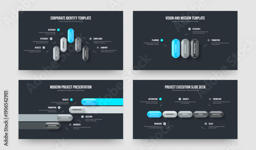 Project Review Five Three Four Element Infographic Slide Design Vector Illustration Bundle. Product Planning 5 3 4 Option Diagram Frame Template Set.