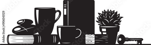 Black and white still life with office supplies arranged