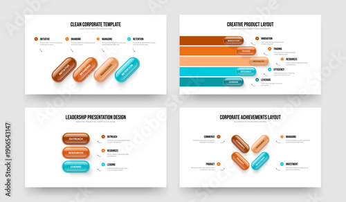 Business Strategy Four Five Three Option Diagram Presentation Layout Vector Illustration Collection. Digital Campaign 4 5 3 Step Infographic Slide Design Set.