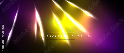 Abstract vibrant light streaks. Gradient purple, yellow hues dominate dark background. Modern design element, energetic visual impact.