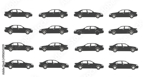 Collection of Sedan Car Silhouettes in Profile View.
