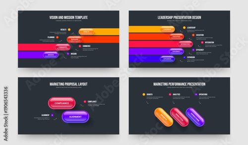 Enterprise Growth 4 5 2 3 Element Diagram Slide Template Bundle. Digital Report Four Five Two Three Option Infographic Frame Layout Vector Illustration Set.