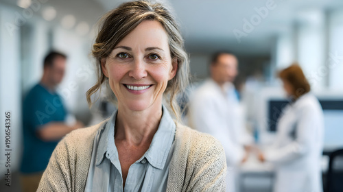 Portrait of a smiling woman in an office environment with colleagues in the background blurred out