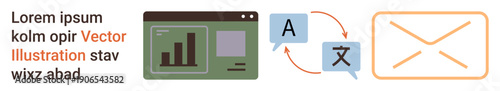 Data analysis, localization, teamwork, communication, online platforms, global operations. Chart interface, translation icons and email symbol. Data analysis and localization concept