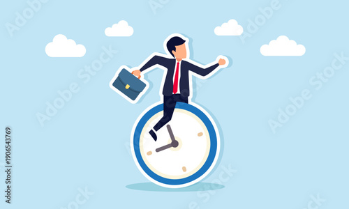Businessman climbing on clock illustration of time management in business operations and productivity control