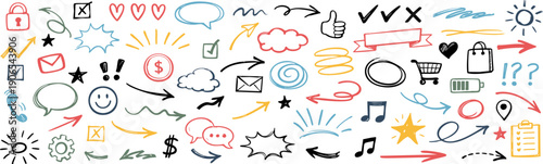 Hand drawn doodle icons set with arrows, symbols, signs and interface elements. Colorful sketch collection for UI, social media, web design, notes, infographics and creative projects.